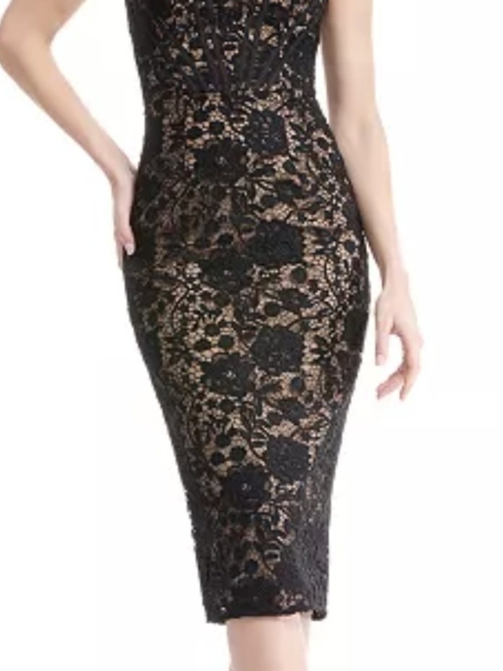 Dress the Population Black Lace Midi Dress with Nude Underlay